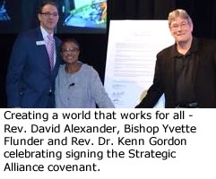 Creating a world that works for all - Rev. David Alexander, Bishop Yvette Flunder and Rev. Dr. Kenn Gordon celebrating signing the Strategic Alliance covenant.