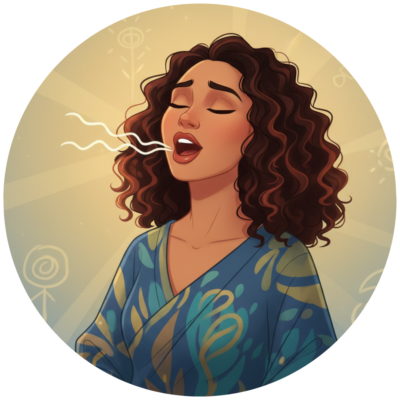 Person eyes closed, mouth open in prayer with wavy lines indicating The Creative Word.